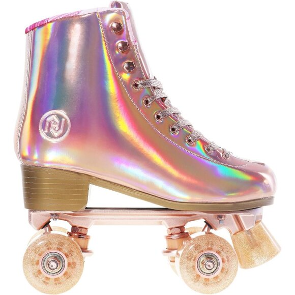 Women Rose Gold 2 Holographic High Top Pu Leather Four Wheels Roller Skates - Picture 5 of 7